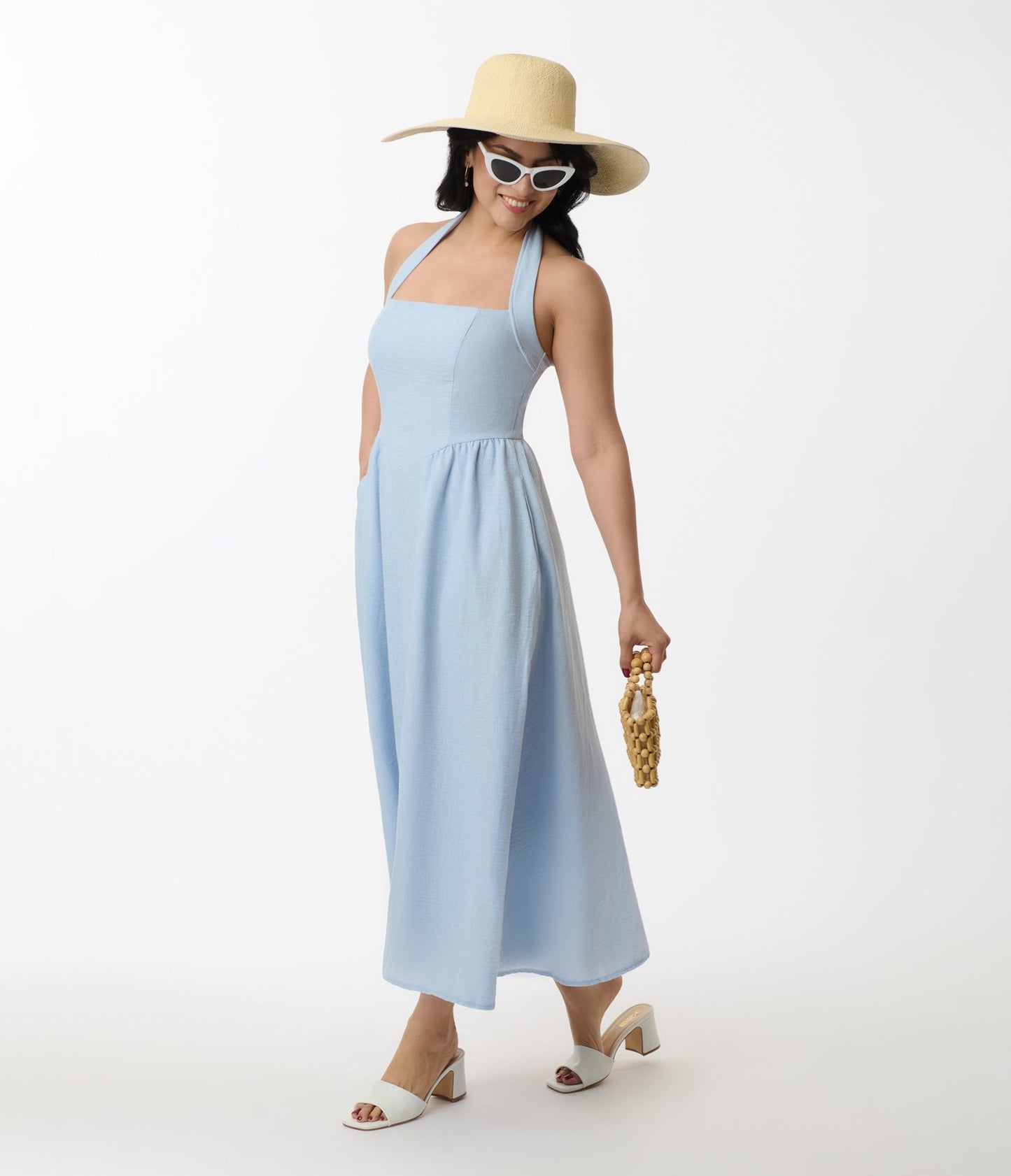 Light Blue Halter A - Line Midi Dress - Unique Vintage - Womens, DRESSES, MIDI