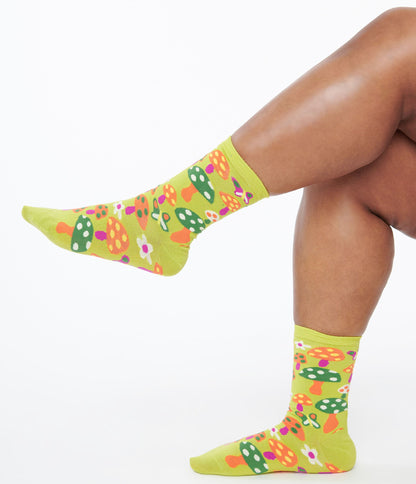 Lime Green Mushroom Crew Socks - Unique Vintage - Womens, ACCESSORIES, HOSIERY