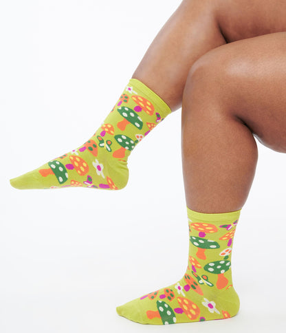 Lime Green Mushroom Crew Socks - Unique Vintage - Womens, ACCESSORIES, HOSIERY