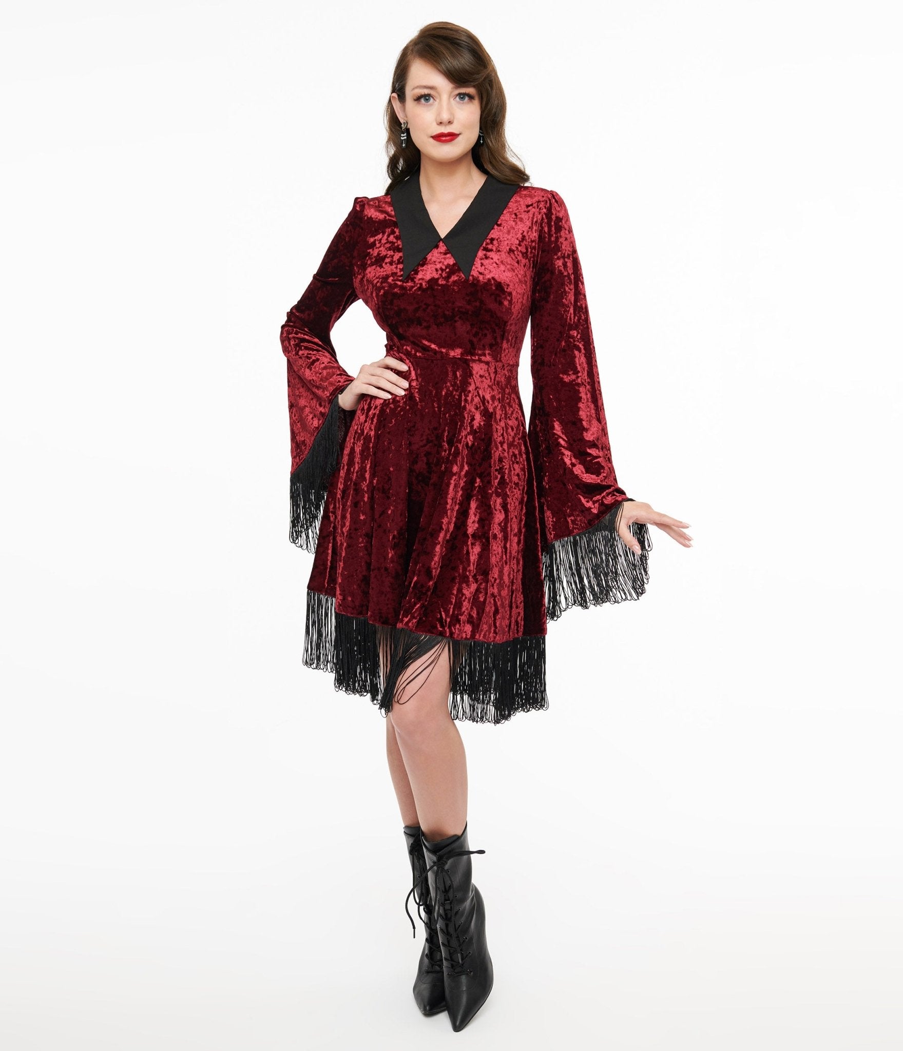 Lively Ghosts Red Velvet Fringe Moon Dress - Unique Vintage - Womens, DRESSES, SWING