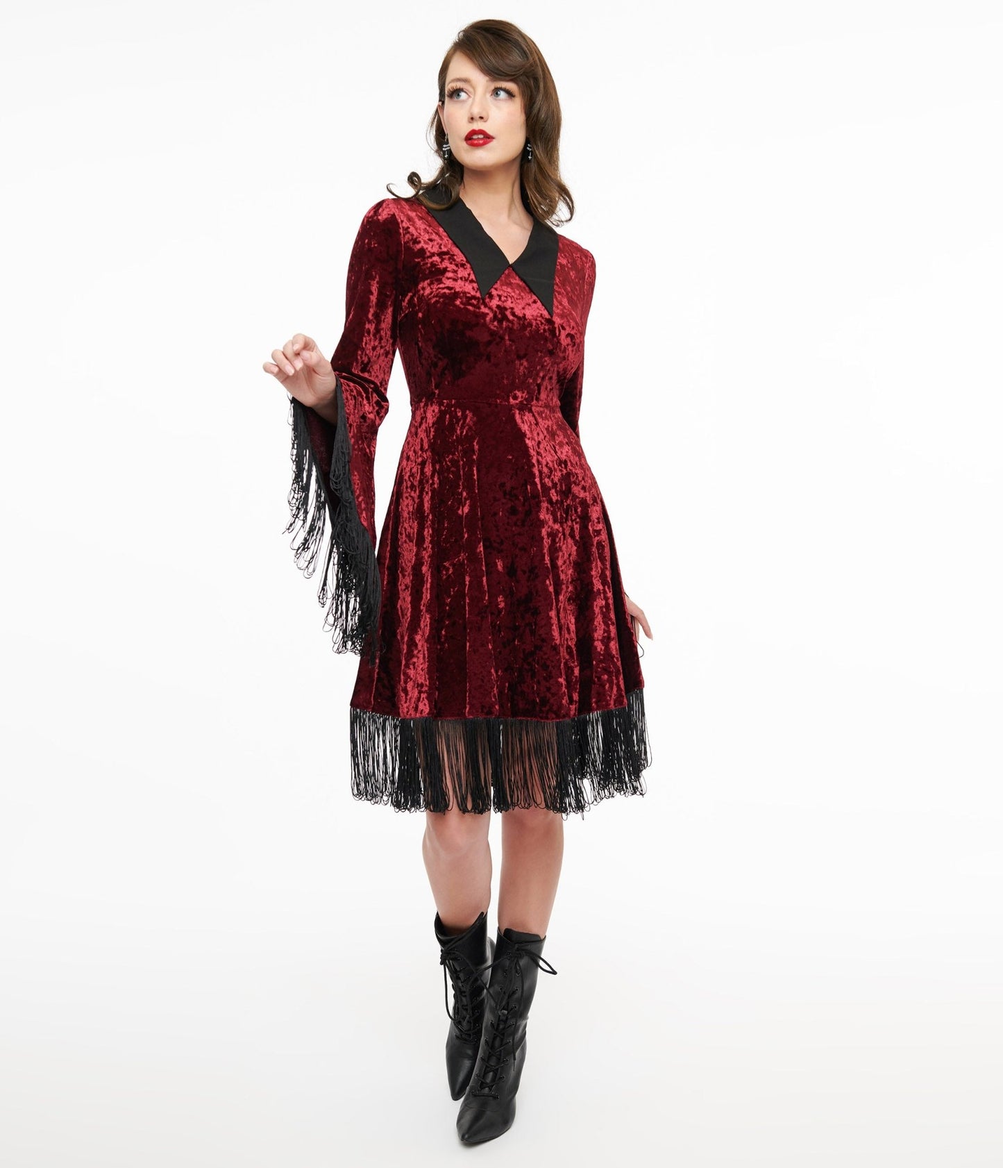 Lively Ghosts Red Velvet Fringe Moon Dress - Unique Vintage - Womens, DRESSES, SWING