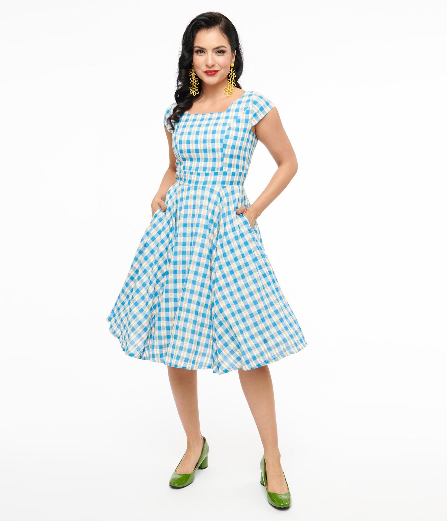 Magnolia Place 1950s Blue Floral Gingham Anna Swing Dress - Unique Vintage - Womens, DRESSES, SWING