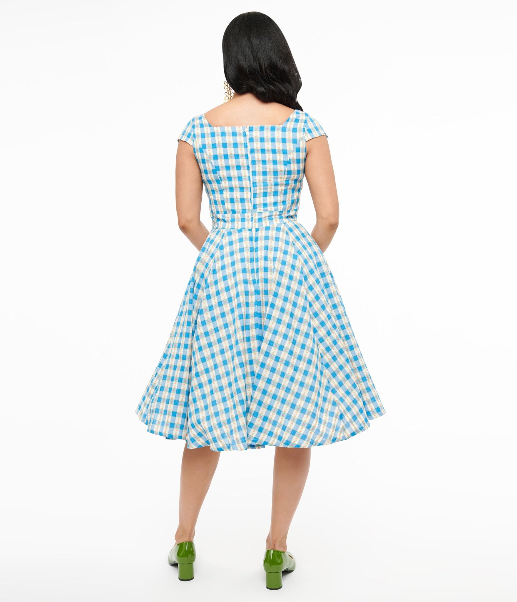 Magnolia Place 1950s Blue Floral Gingham Anna Swing Dress - Unique Vintage - Womens, DRESSES, SWING