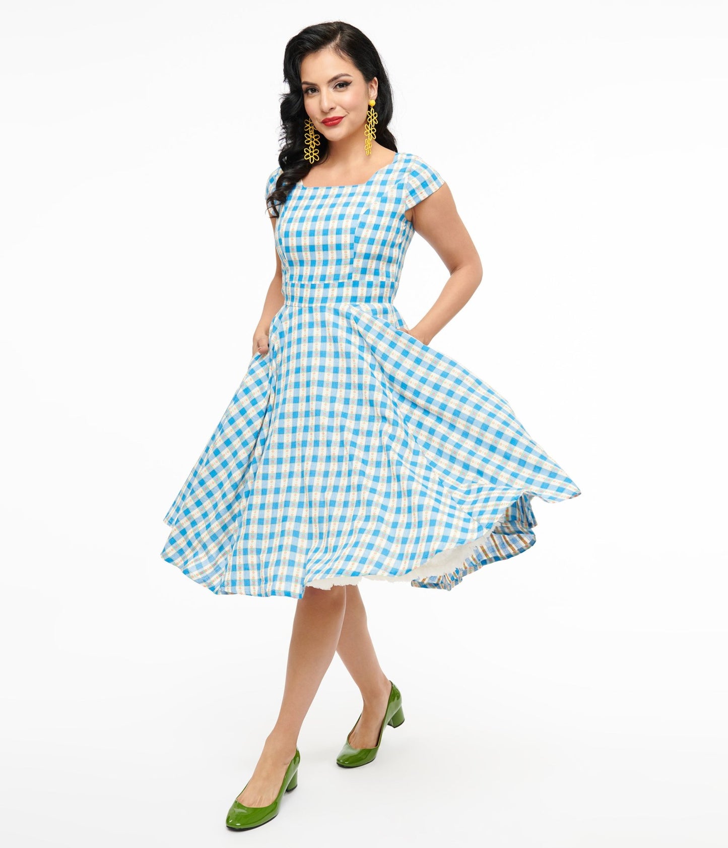 Magnolia Place 1950s Blue Floral Gingham Anna Swing Dress - Unique Vintage - Womens, DRESSES, SWING