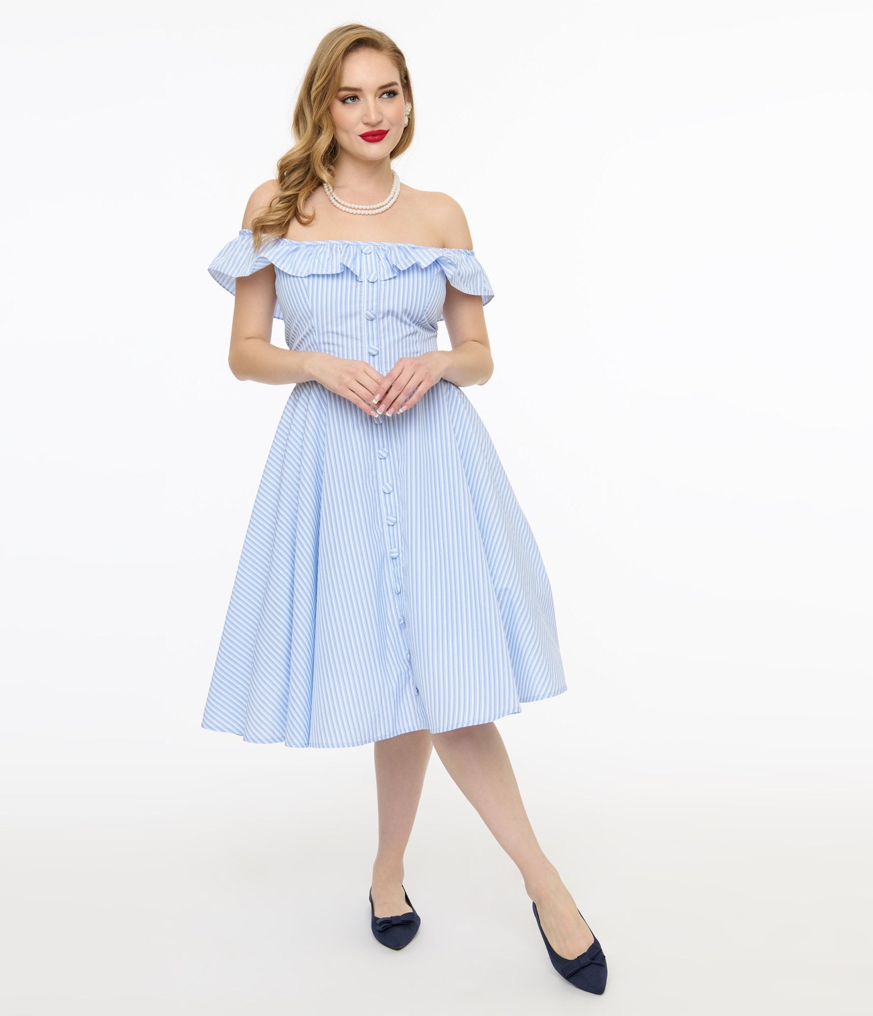 Magnolia Place 1950s Blue & White Stripe Barbara Swing Dress - Unique Vintage - Womens, DRESSES, SWING