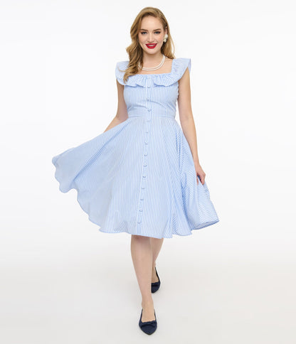 Magnolia Place 1950s Blue & White Stripe Barbara Swing Dress - Unique Vintage - Womens, DRESSES, SWING