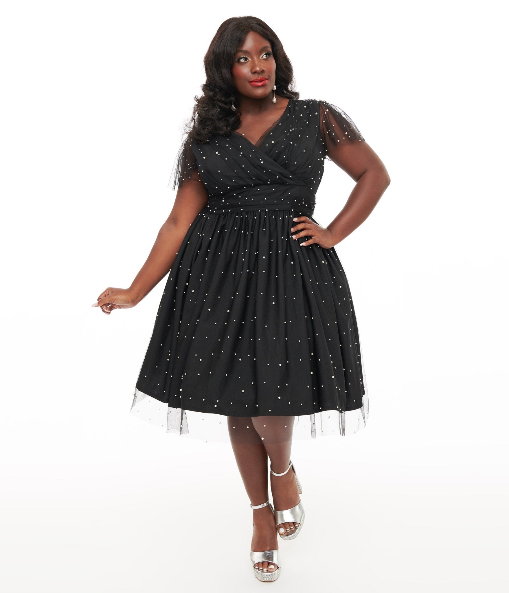 Magnolia Place Plus Size 1950s Black Faux Pearl Swing Dress - Unique Vintage - Womens, DRESSES, SWING