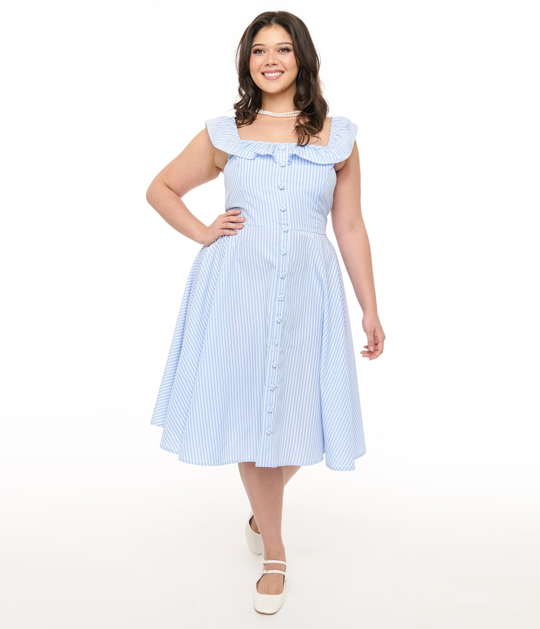 Magnolia Place Plus Size 1950s Blue & White Stripe Barbara Swing Dress - Unique Vintage - Womens, DRESSES, SWING