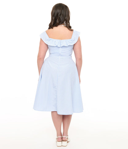 Magnolia Place Plus Size 1950s Blue & White Stripe Barbara Swing Dress - Unique Vintage - Womens, DRESSES, SWING