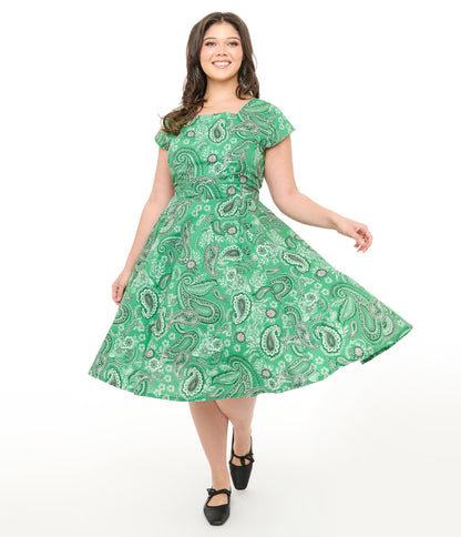 Magnolia Place Plus Size 1950s Green Bandana Print Anna Cotton Swing Dress - Unique Vintage - Womens, DRESSES, SWING