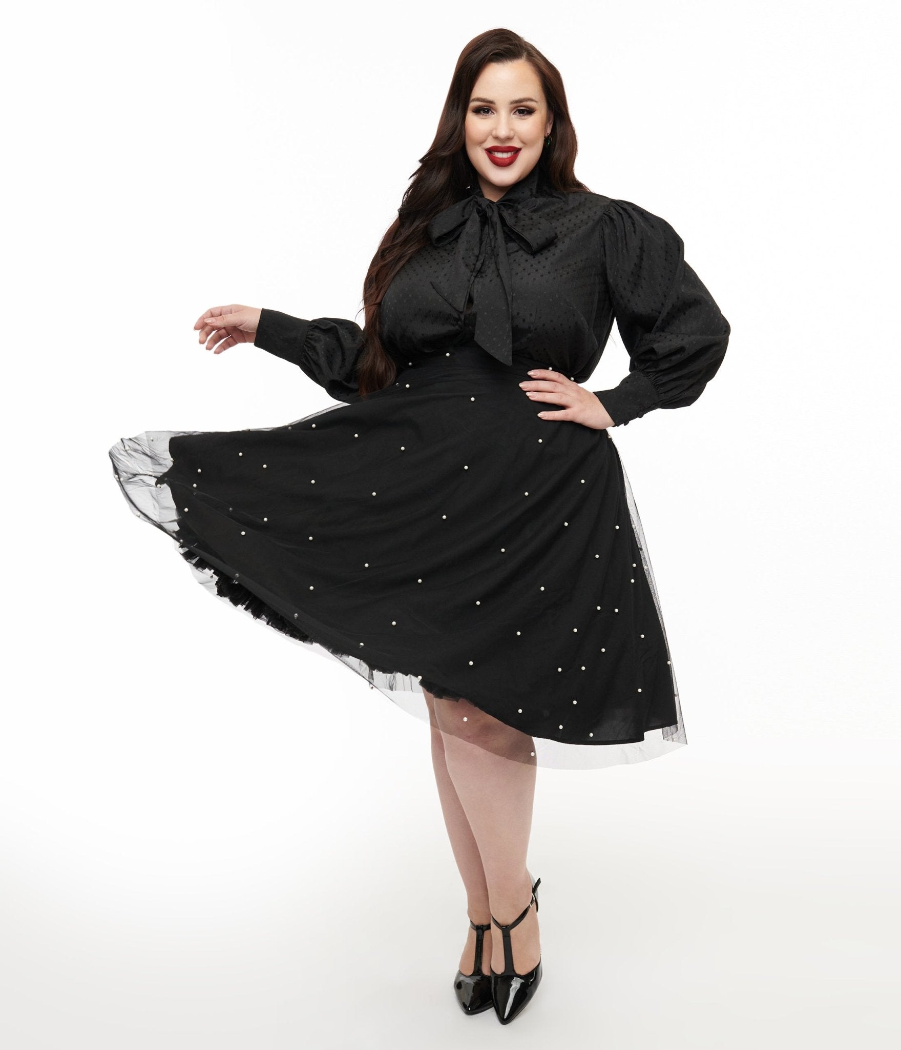 Magnolia Place Plus Size Black & Faux Pearl Sally Swing Skirt - Unique Vintage - Womens, BOTTOMS, SKIRTS