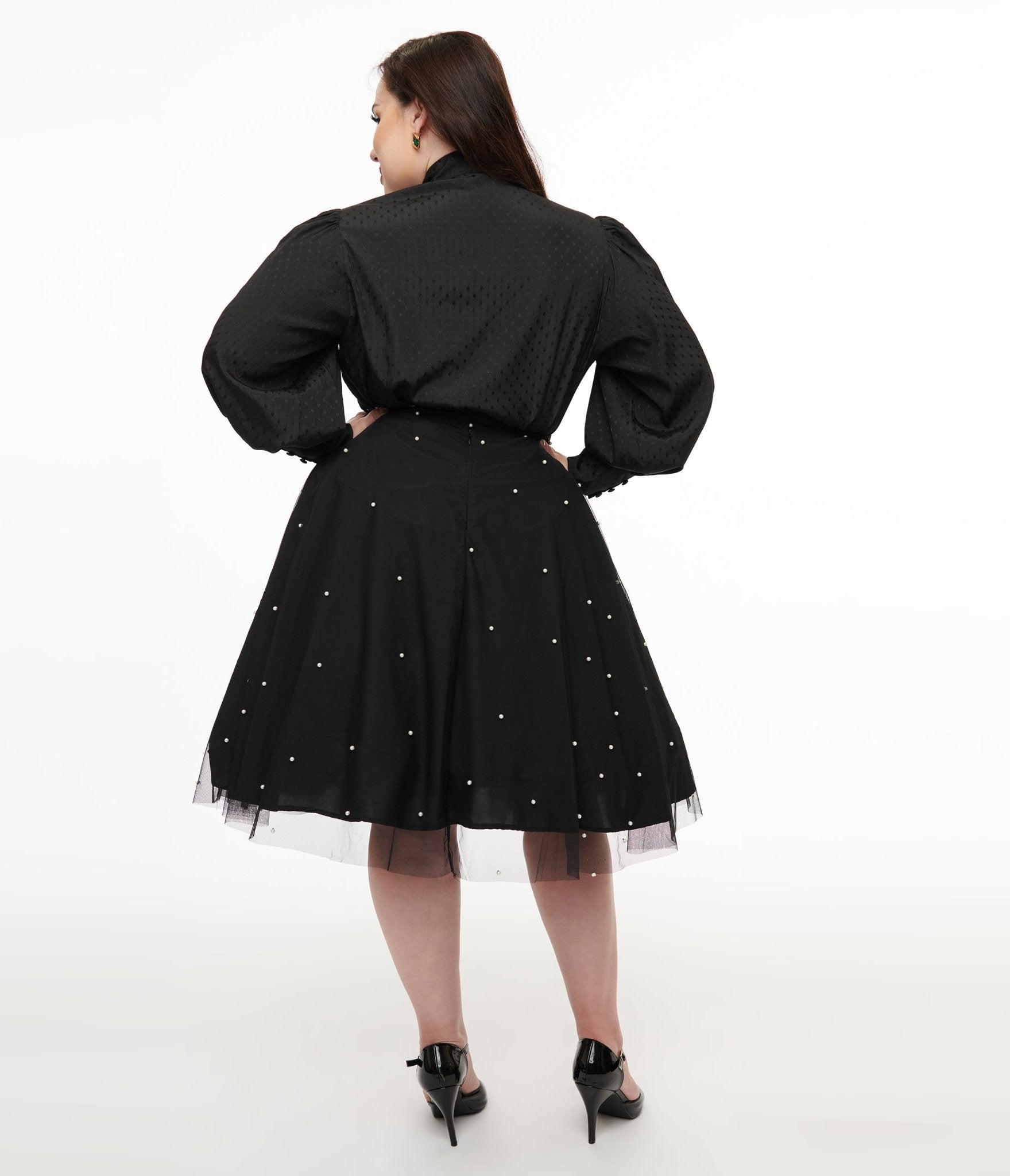 Magnolia Place Plus Size Black & Faux Pearl Sally Swing Skirt - Unique Vintage - Womens, BOTTOMS, SKIRTS