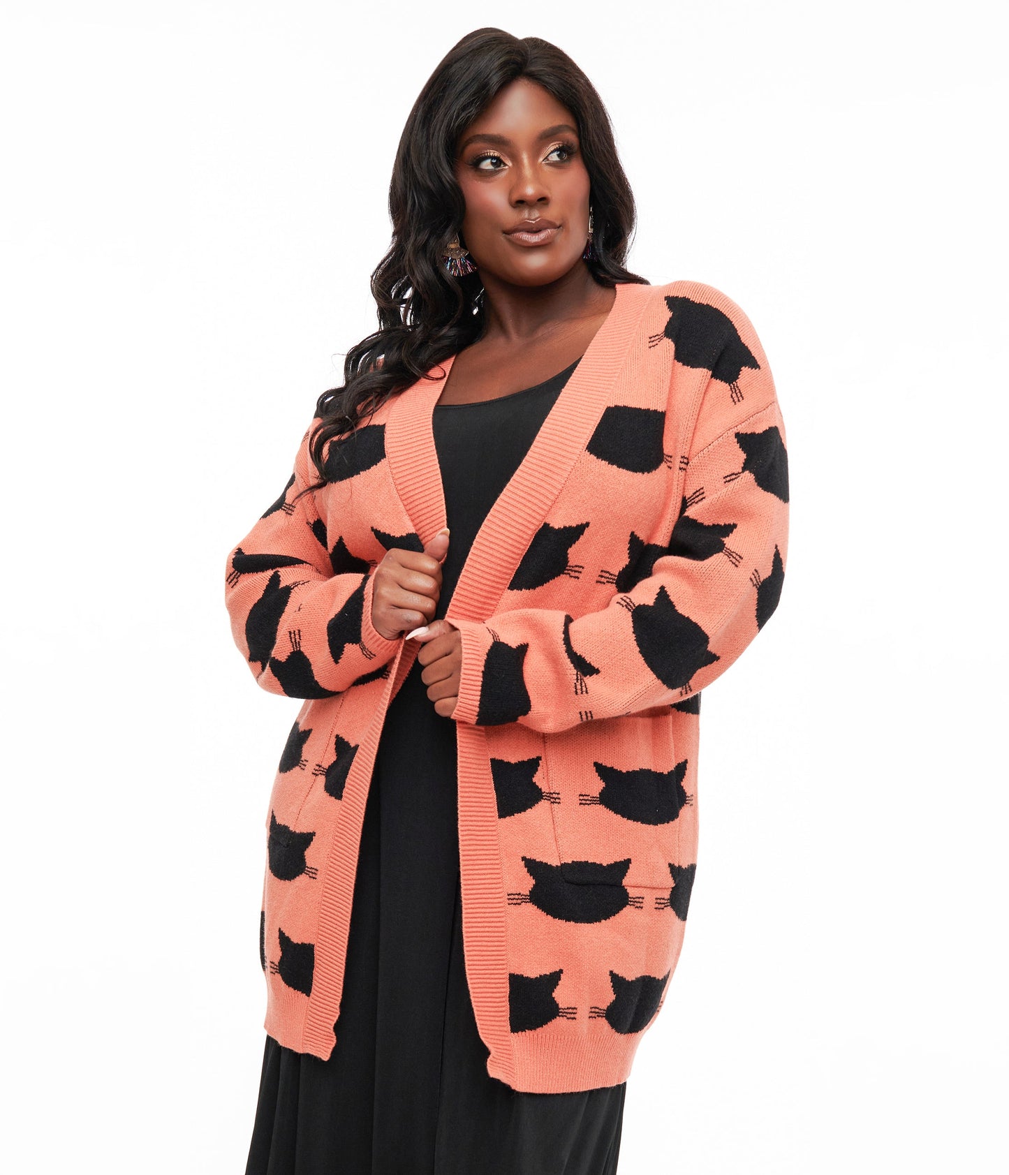 Magnolia Place Plus Size Orange & Black Cat Cardigan - Unique Vintage - Womens, HALLOWEEN, TOPS