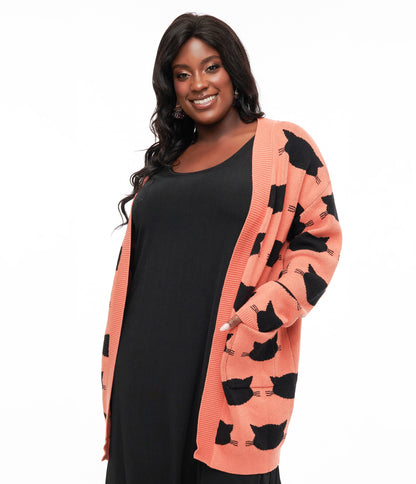 Magnolia Place Plus Size Orange & Black Cat Cardigan - Unique Vintage - Womens, HALLOWEEN, TOPS