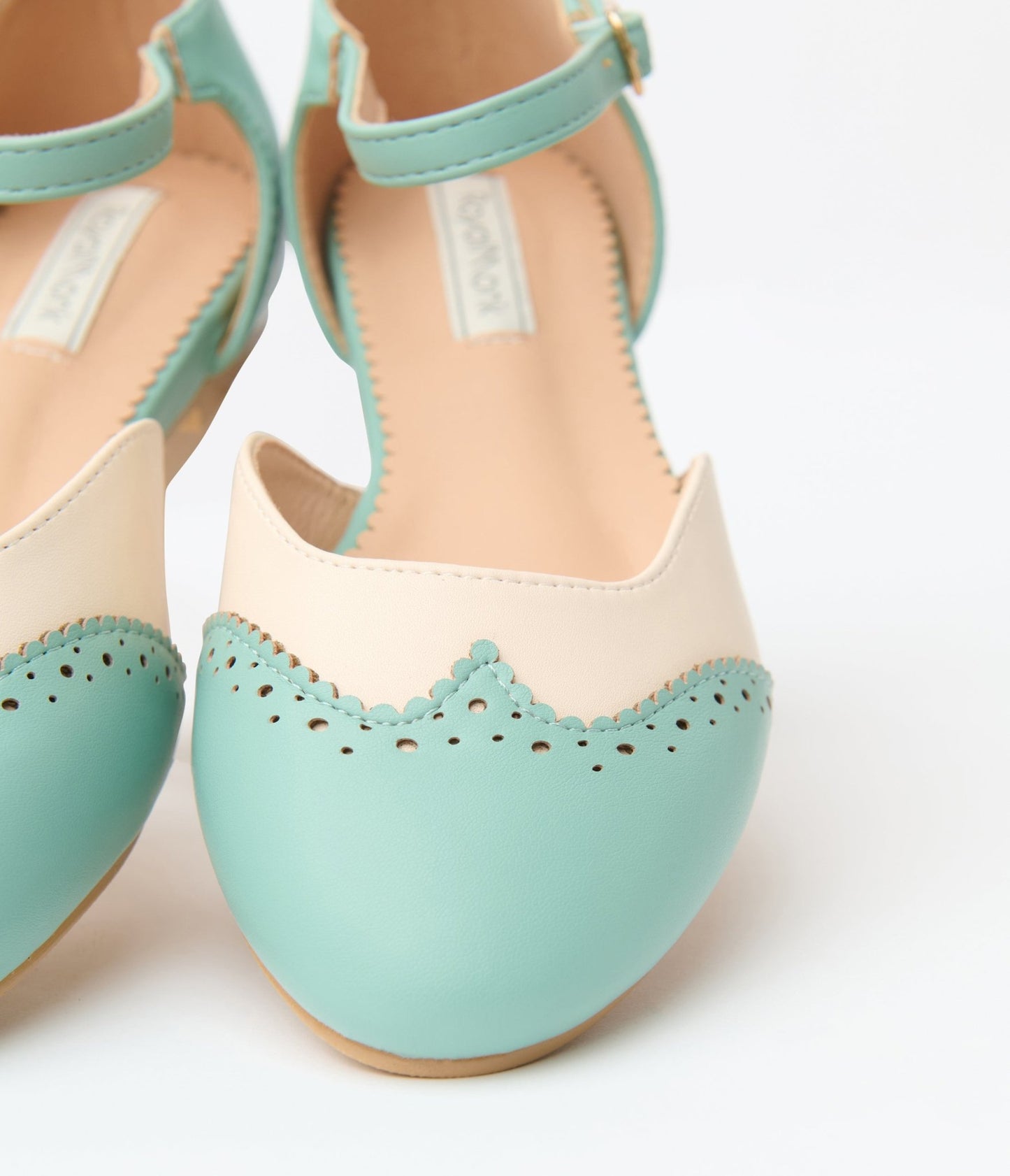 Mint & Cream Leatherette Saddle Mary Jane Flats - Unique Vintage - Womens, SHOES, SANDALS