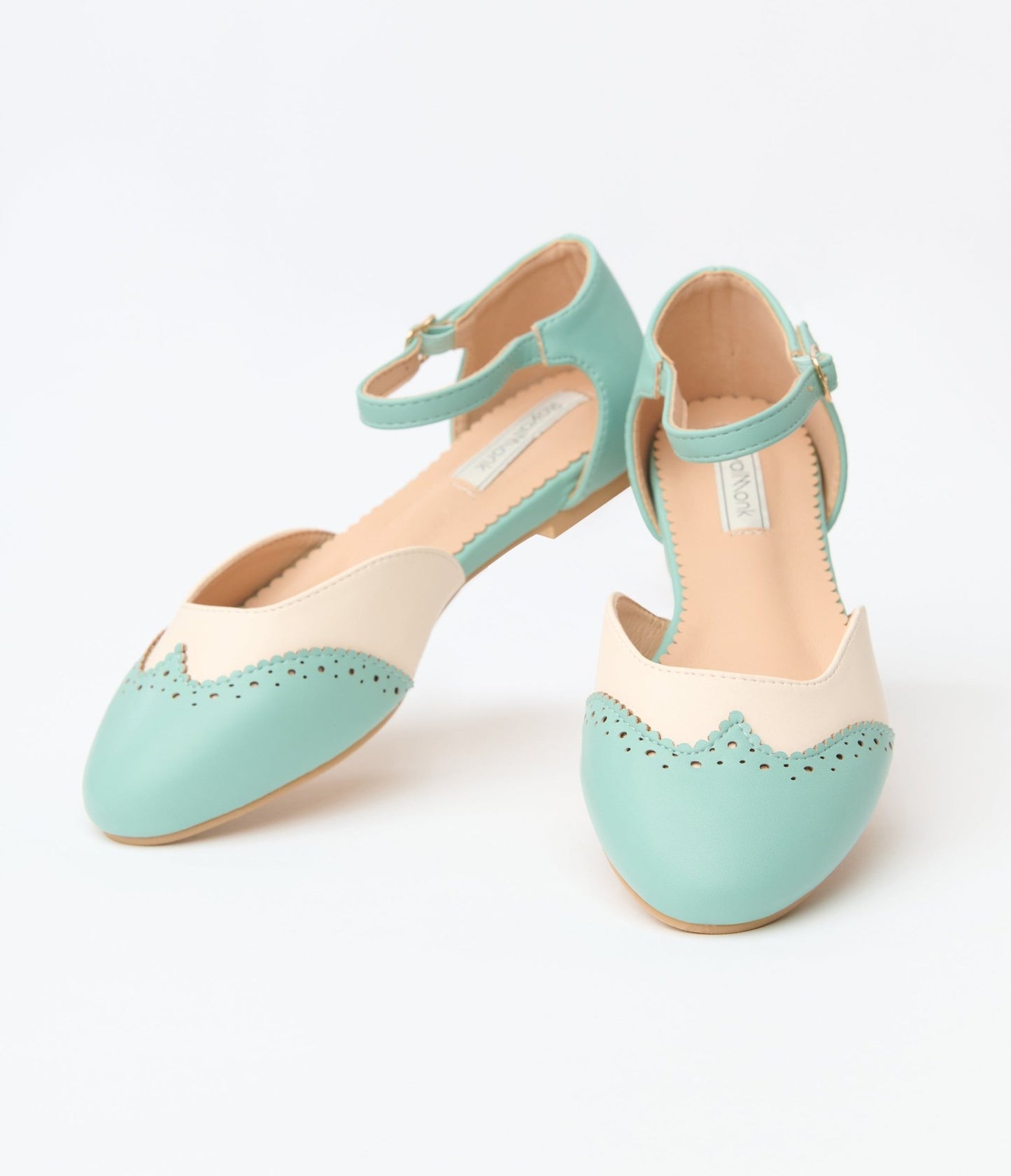 Mint & Cream Leatherette Saddle Mary Jane Flats - Unique Vintage - Womens, SHOES, SANDALS