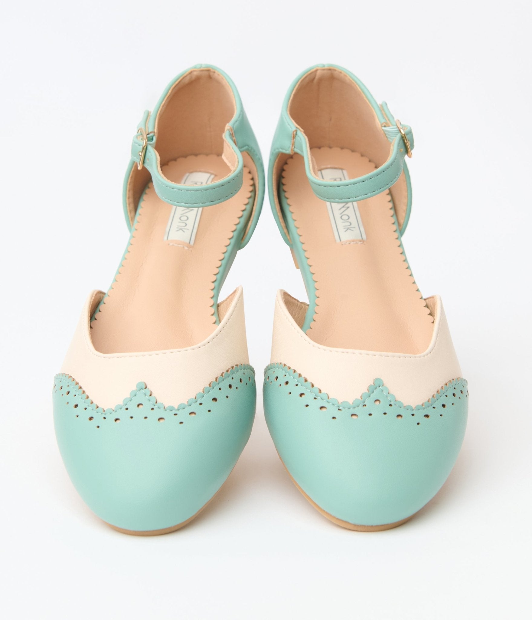 Mint & Cream Leatherette Saddle Mary Jane Flats - Unique Vintage - Womens, SHOES, SANDALS