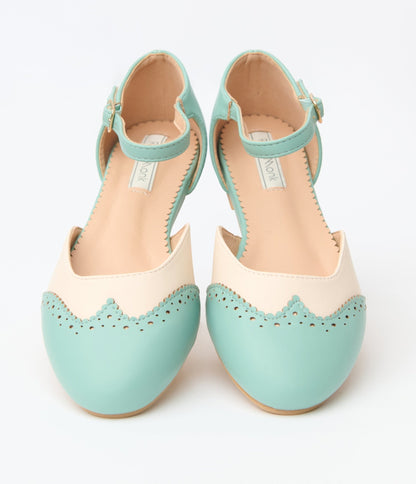 Mint & Cream Leatherette Saddle Mary Jane Flats - Unique Vintage - Womens, SHOES, SANDALS