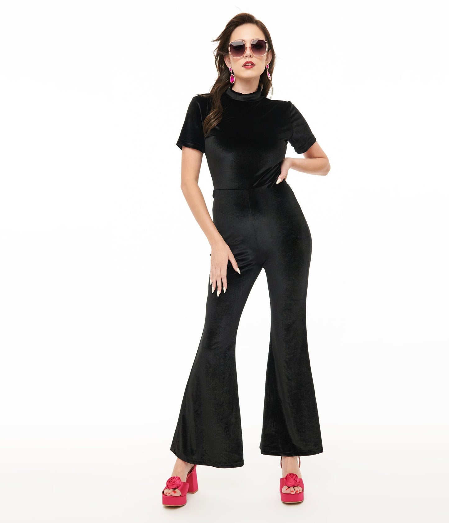 Miracle Eye Black Velvet Bell Bottom Jagger Jumpsuit - Unique Vintage - Womens, BOTTOMS, ROMPERS AND JUMPSUITS