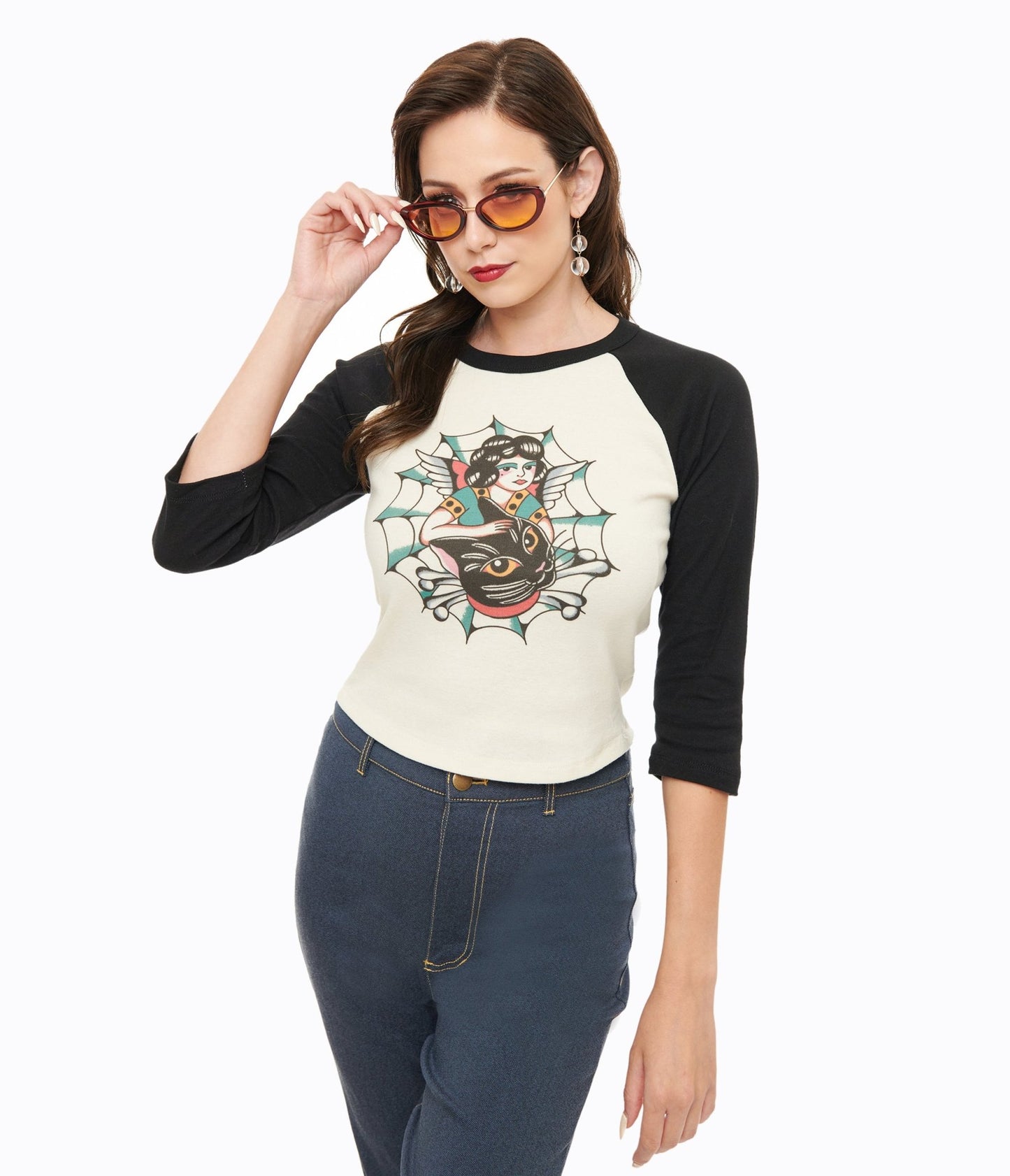 Mischief Made White & Black The Outlaw Lady Cat Cropped Graphic Tee - Unique Vintage - Womens, TOPS, TEES