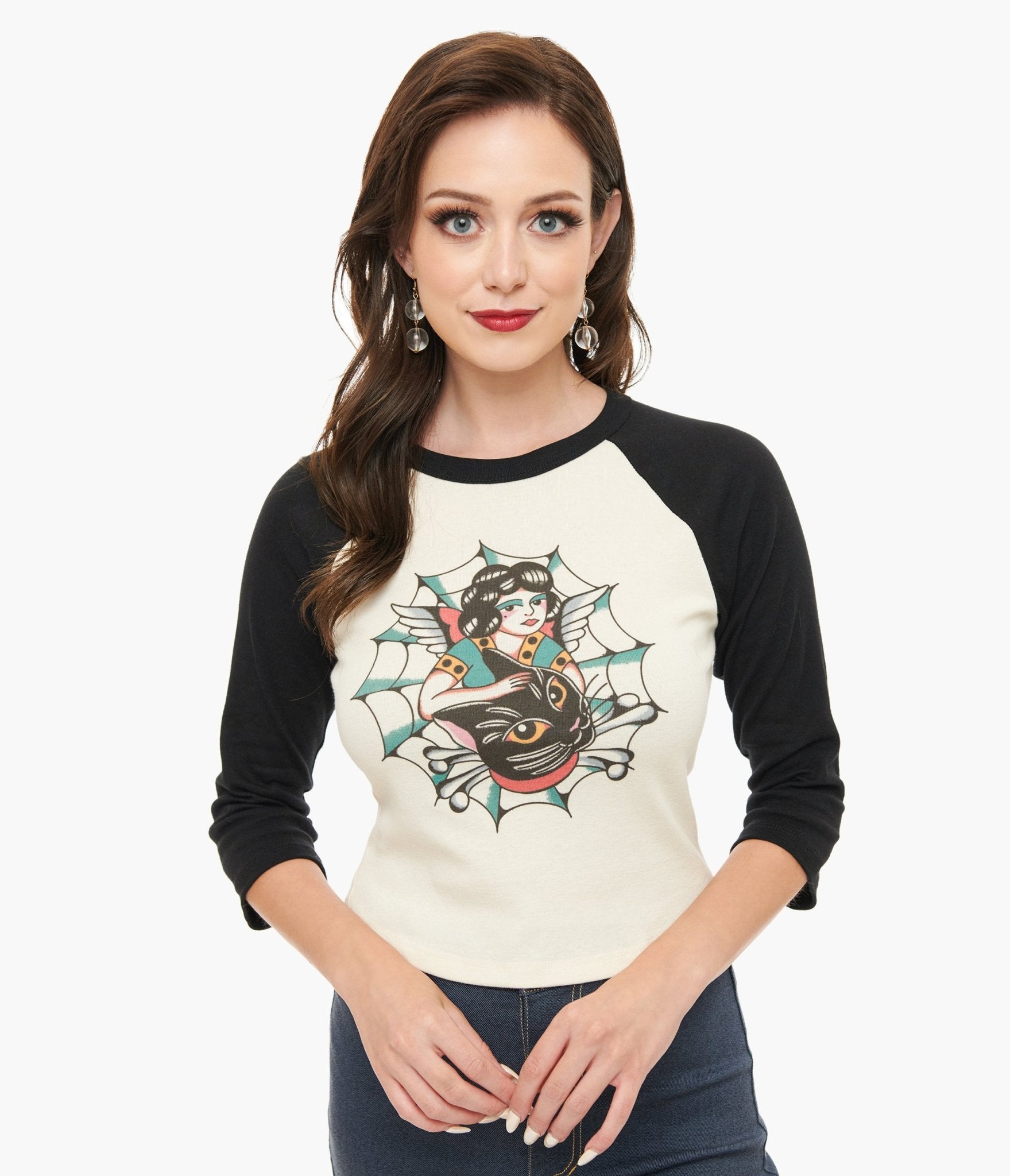 Mischief Made White & Black The Outlaw Lady Cat Cropped Graphic Tee - Unique Vintage - Womens, TOPS, TEES