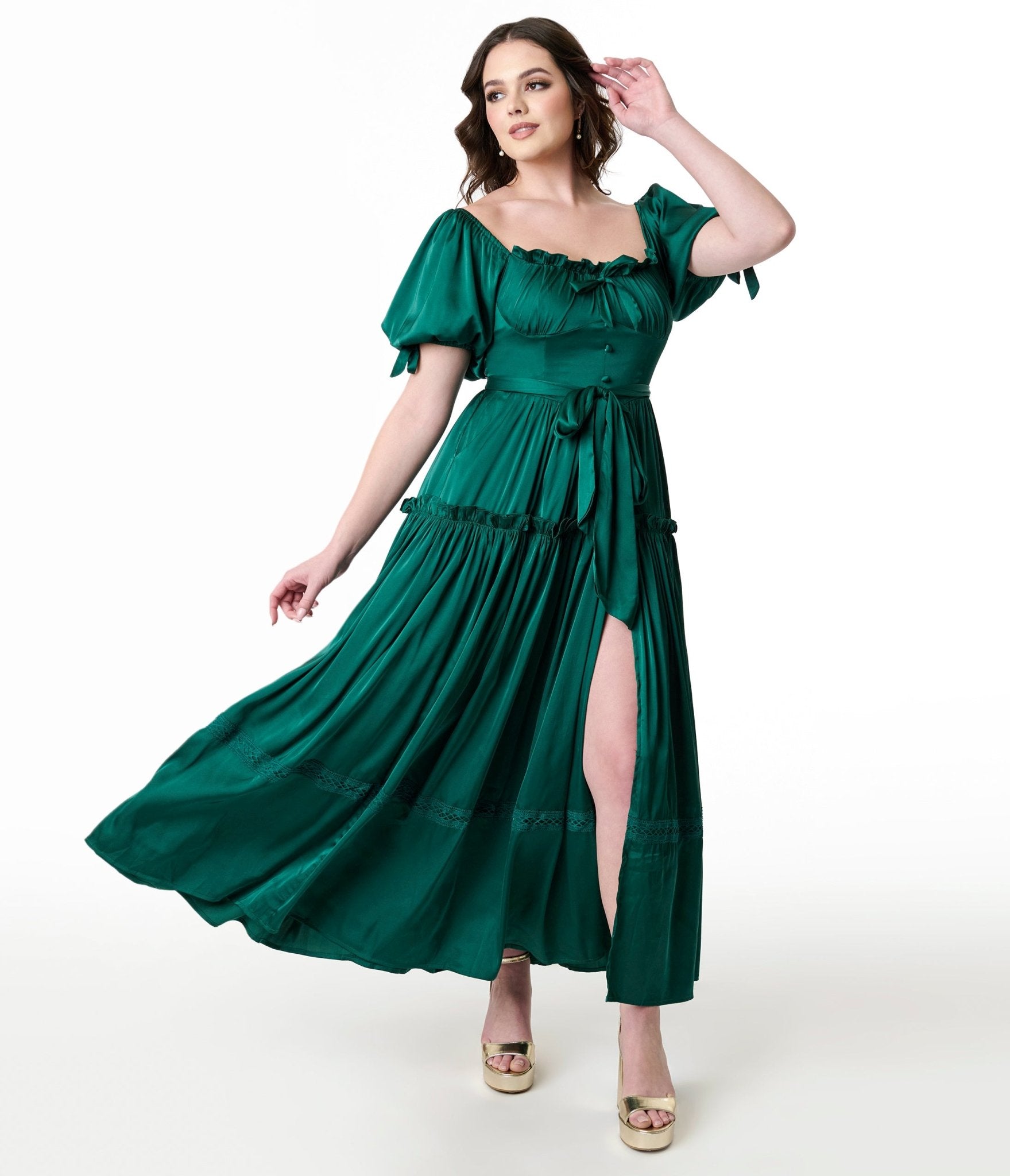 Miss Candyholic Emerald Satin Goddess Gown - Unique Vintage - Womens, DRESSES, PROM AND SPECIAL OCCASION