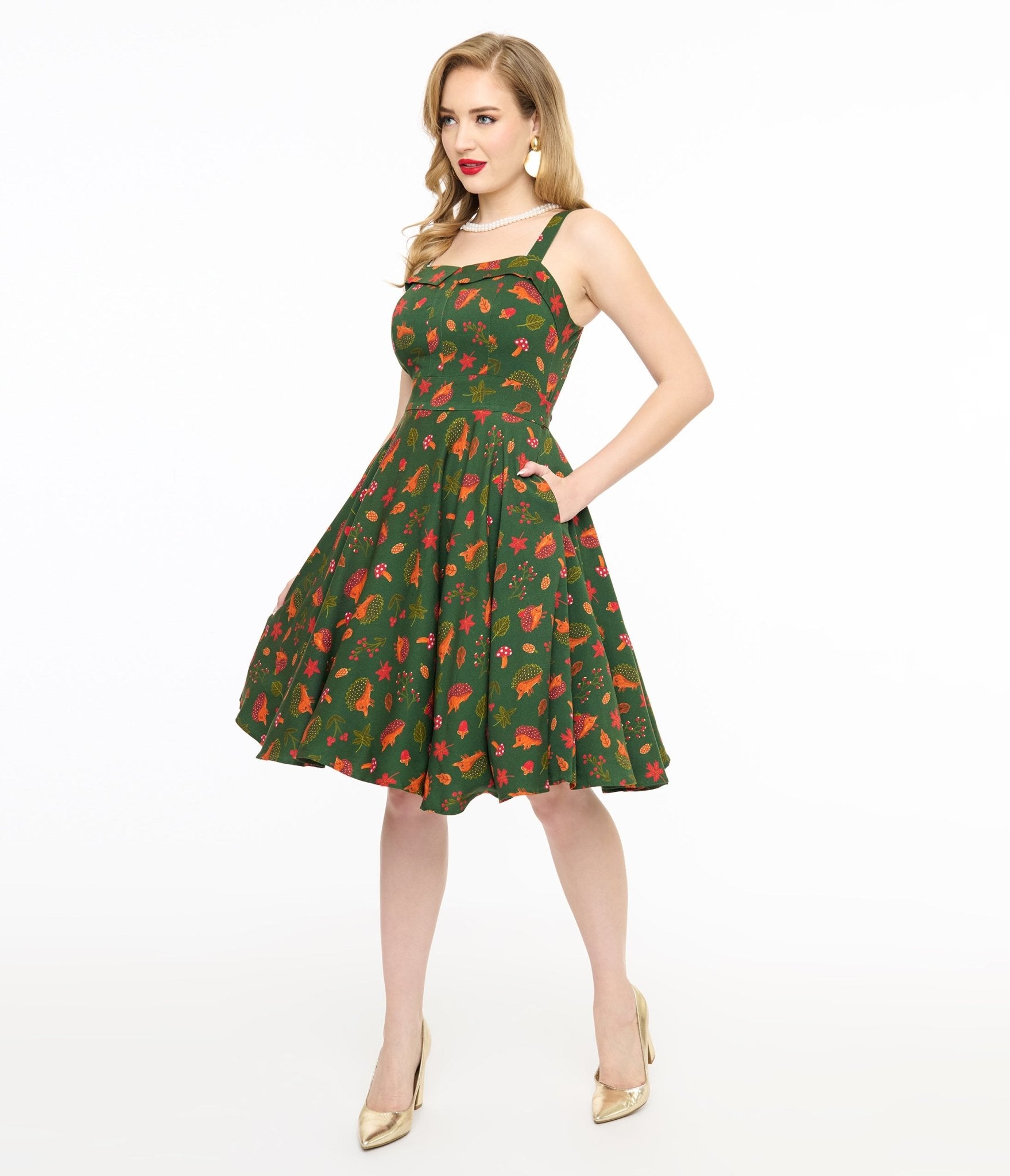 Miss Lulo 1950s Green Hedgehog Forest Print Kyla Fit & Flare Dress - Unique Vintage - Womens, DRESSES, SWING