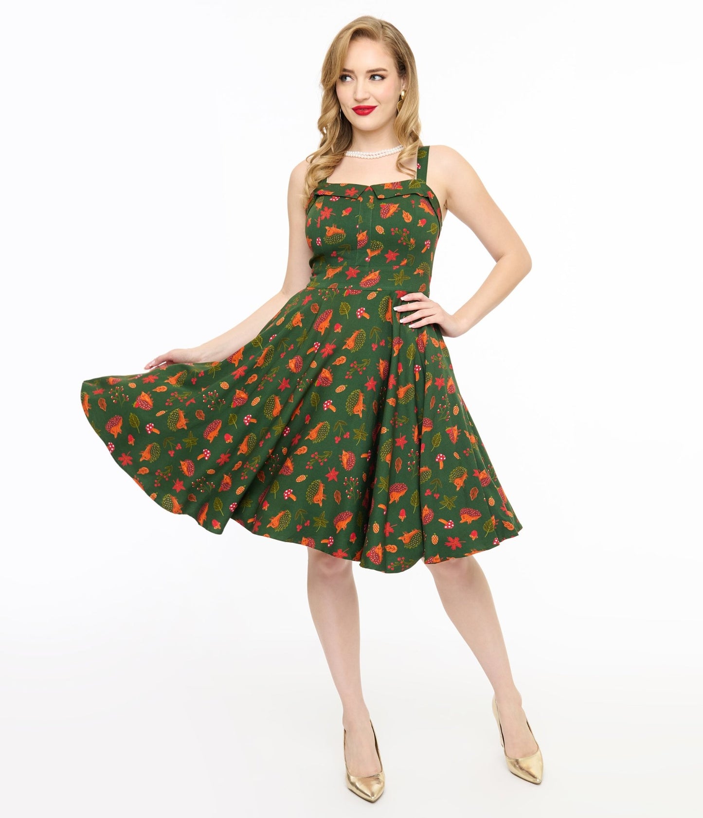 Miss Lulo 1950s Green Hedgehog Forest Print Kyla Fit & Flare Dress - Unique Vintage - Womens, DRESSES, SWING