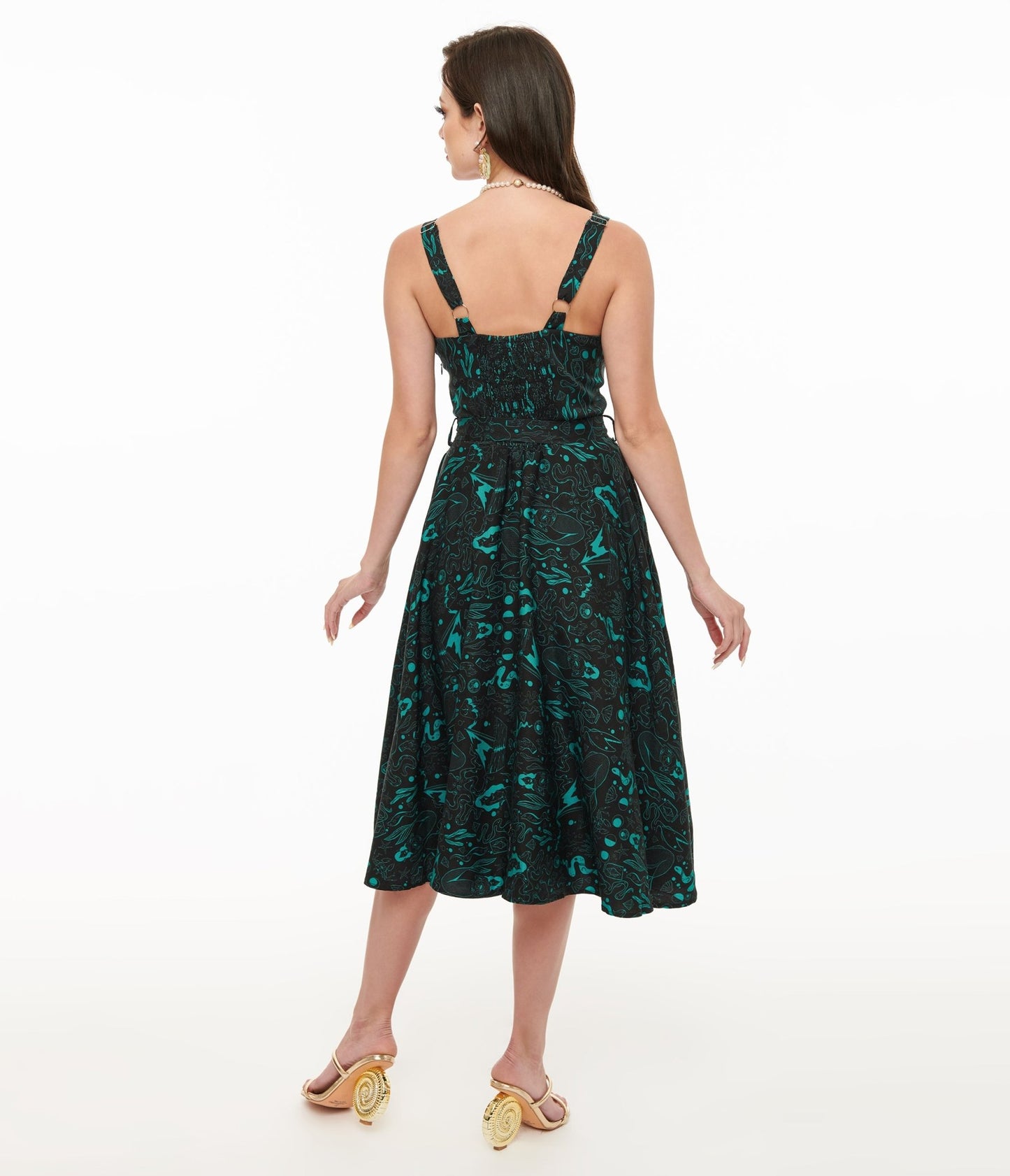 Miss Lulo 1950s Teal Sea Witch Print Lori Swing Dress - Unique Vintage - Womens, DRESSES, SWING