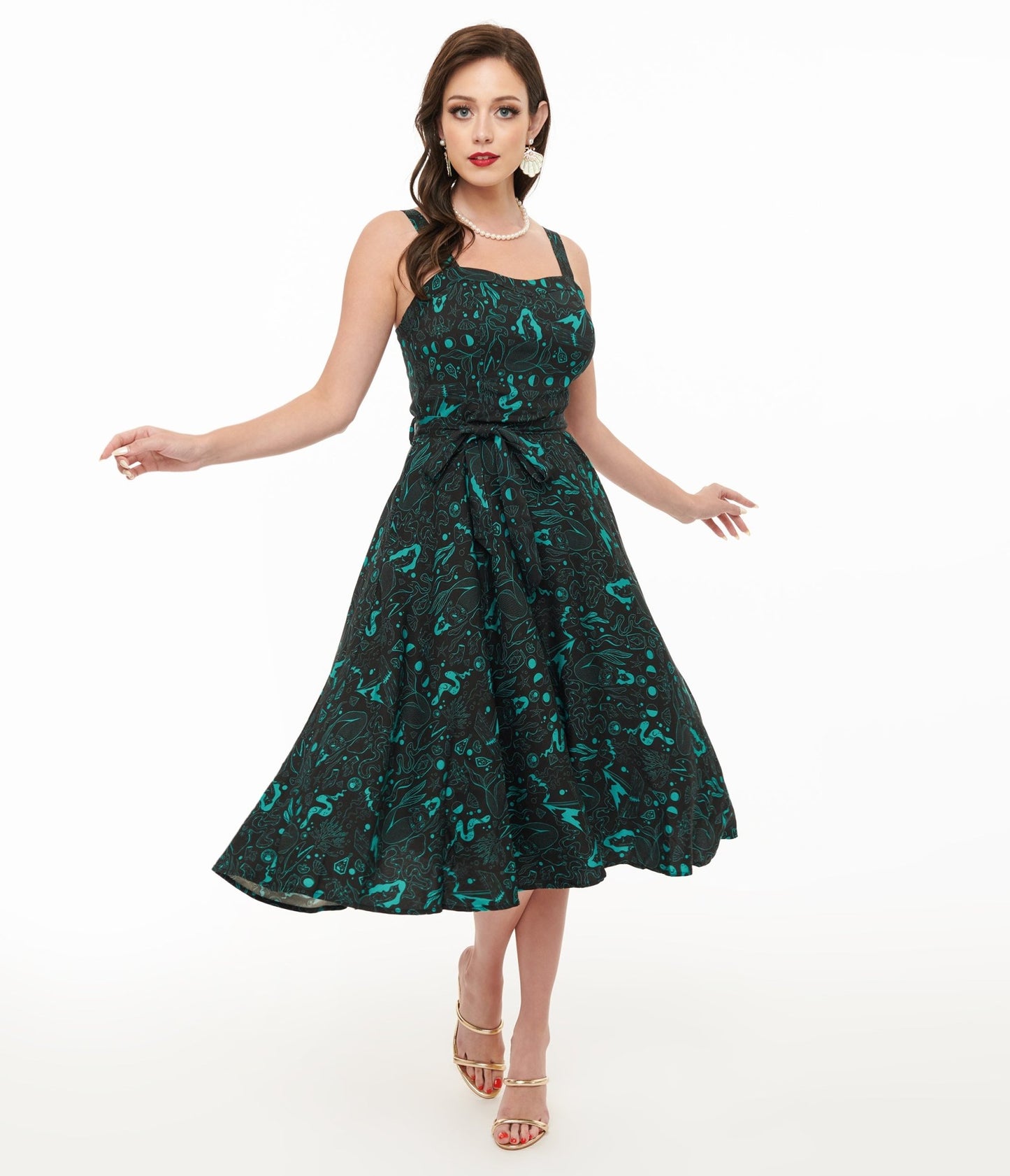 Miss Lulo 1950s Teal Sea Witch Print Lori Swing Dress - Unique Vintage - Womens, DRESSES, SWING