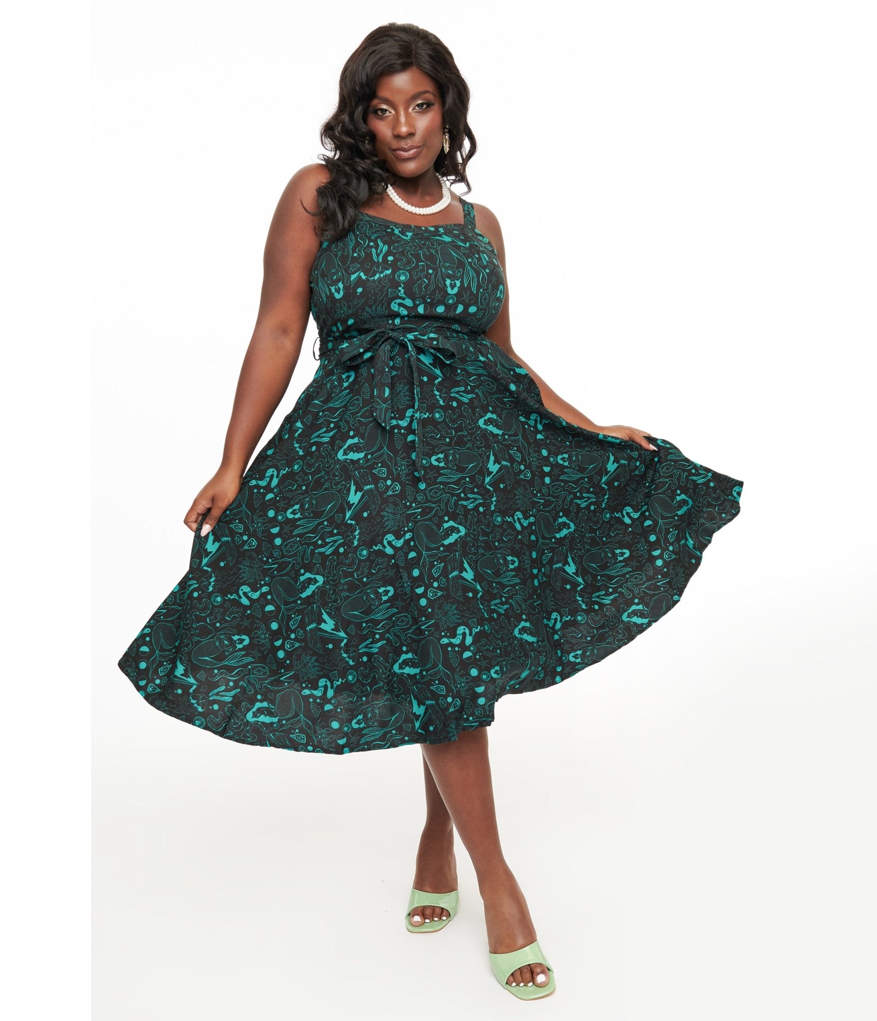 Miss Lulo Plus Size 1950s Teal Sea Witch Print Lori Swing Dress - Unique Vintage - Womens, DRESSES, SWING