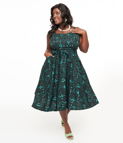 Miss Lulo Plus Size 1950s Teal Sea Witch Print Lori Swing Dress - Unique Vintage - Womens, DRESSES, SWING