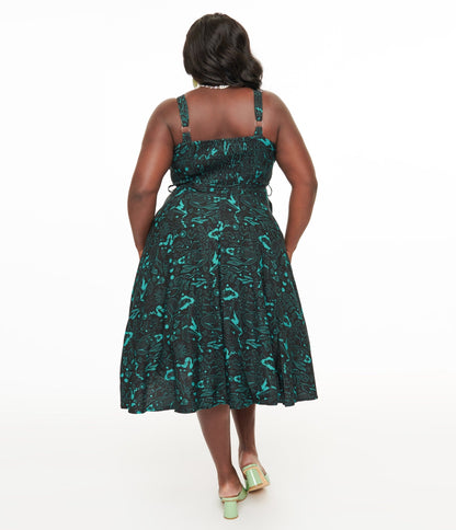 Miss Lulo Plus Size 1950s Teal Sea Witch Print Lori Swing Dress - Unique Vintage - Womens, DRESSES, SWING