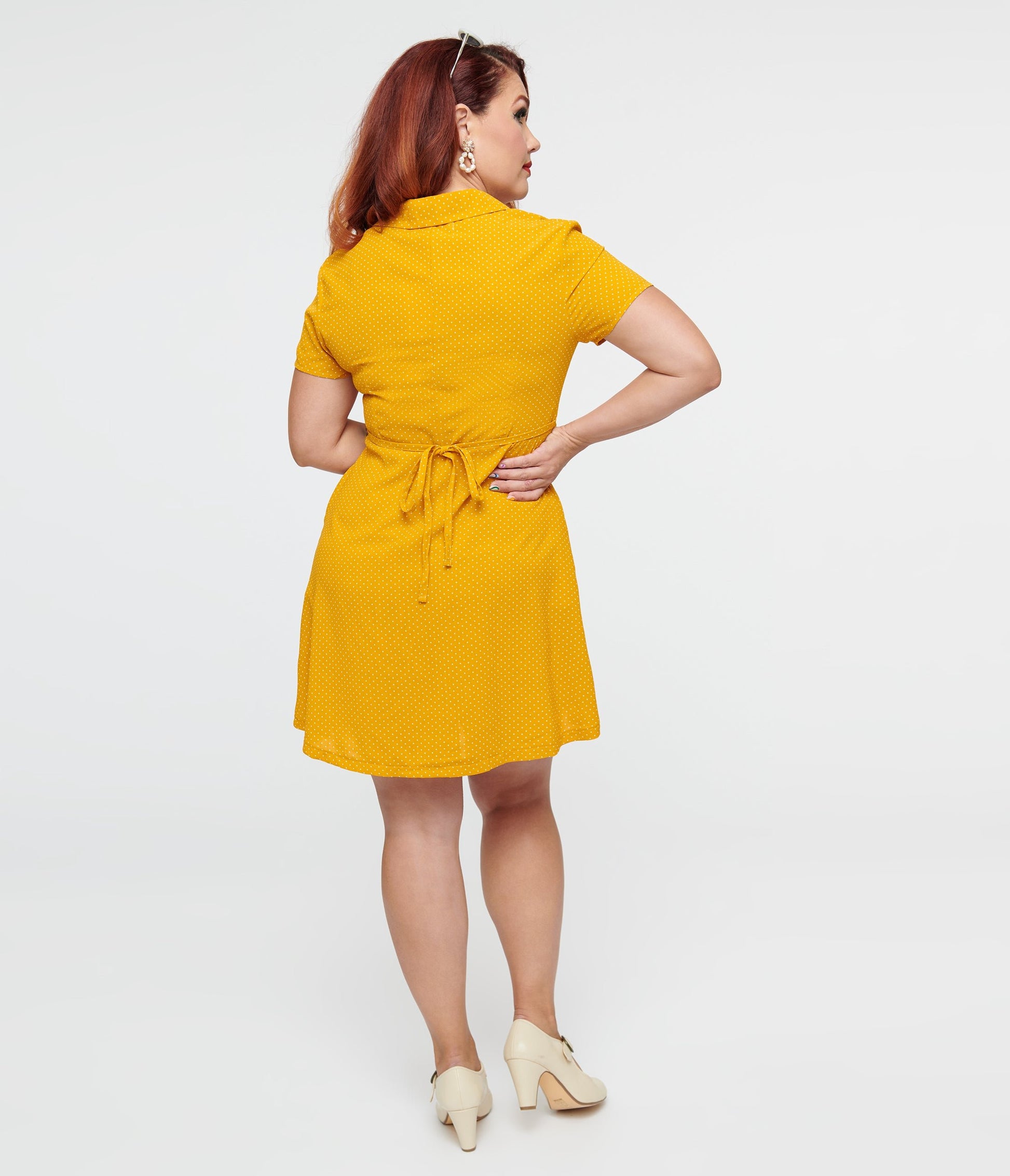 Mustard Polka Dot Button Up Fit & Flare Dress - Unique Vintage - Womens, DRESSES, FIT AND FLARE