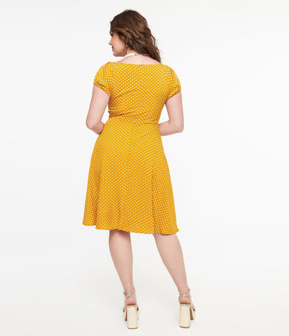 Mustard & White Polka Dot Fit & Flare Dress - Unique Vintage - Womens, DRESSES, SWING