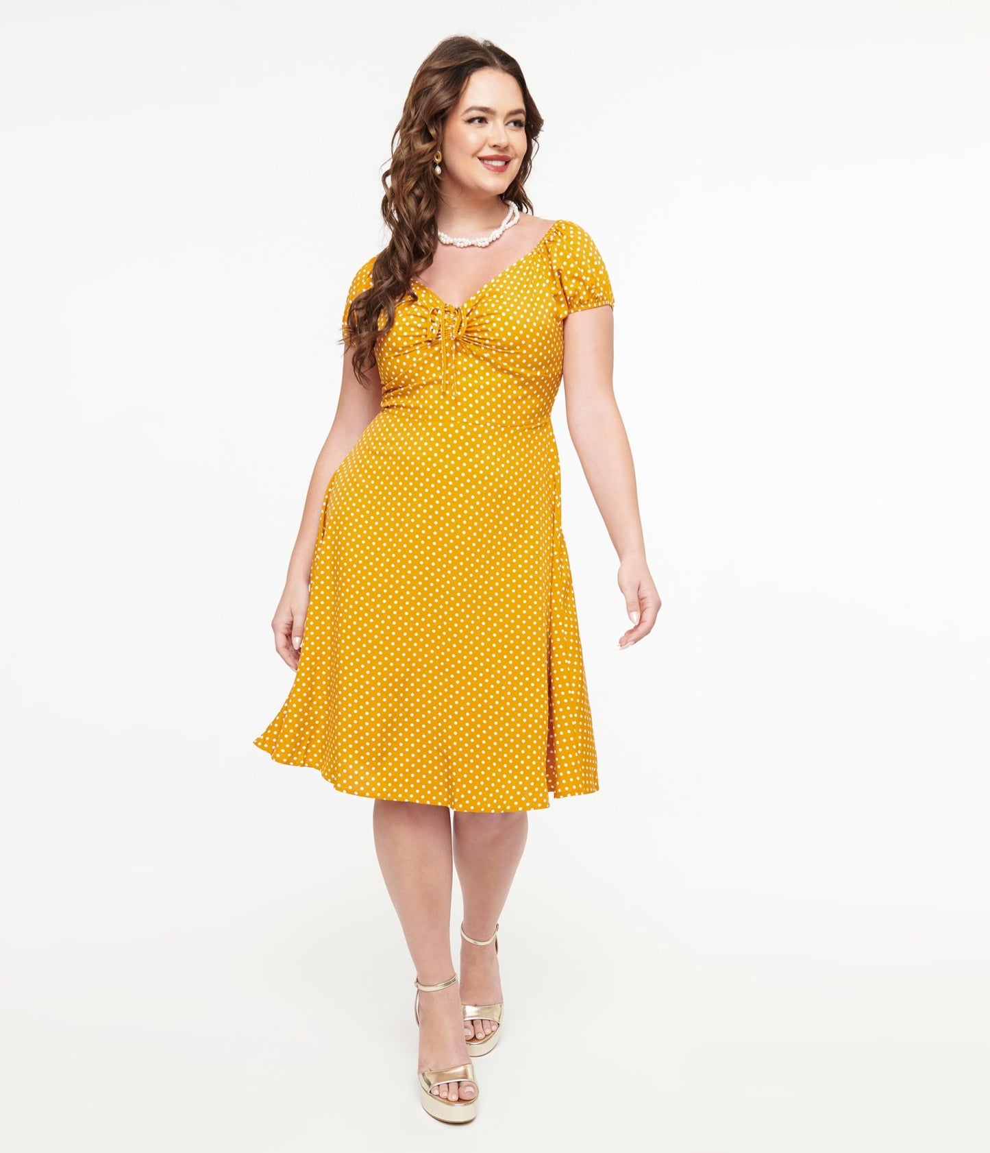 Mustard & White Polka Dot Fit & Flare Dress - Unique Vintage - Womens, DRESSES, SWING