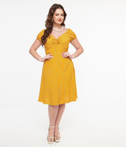 Mustard & White Polka Dot Fit & Flare Dress - Unique Vintage - Womens, DRESSES, SWING