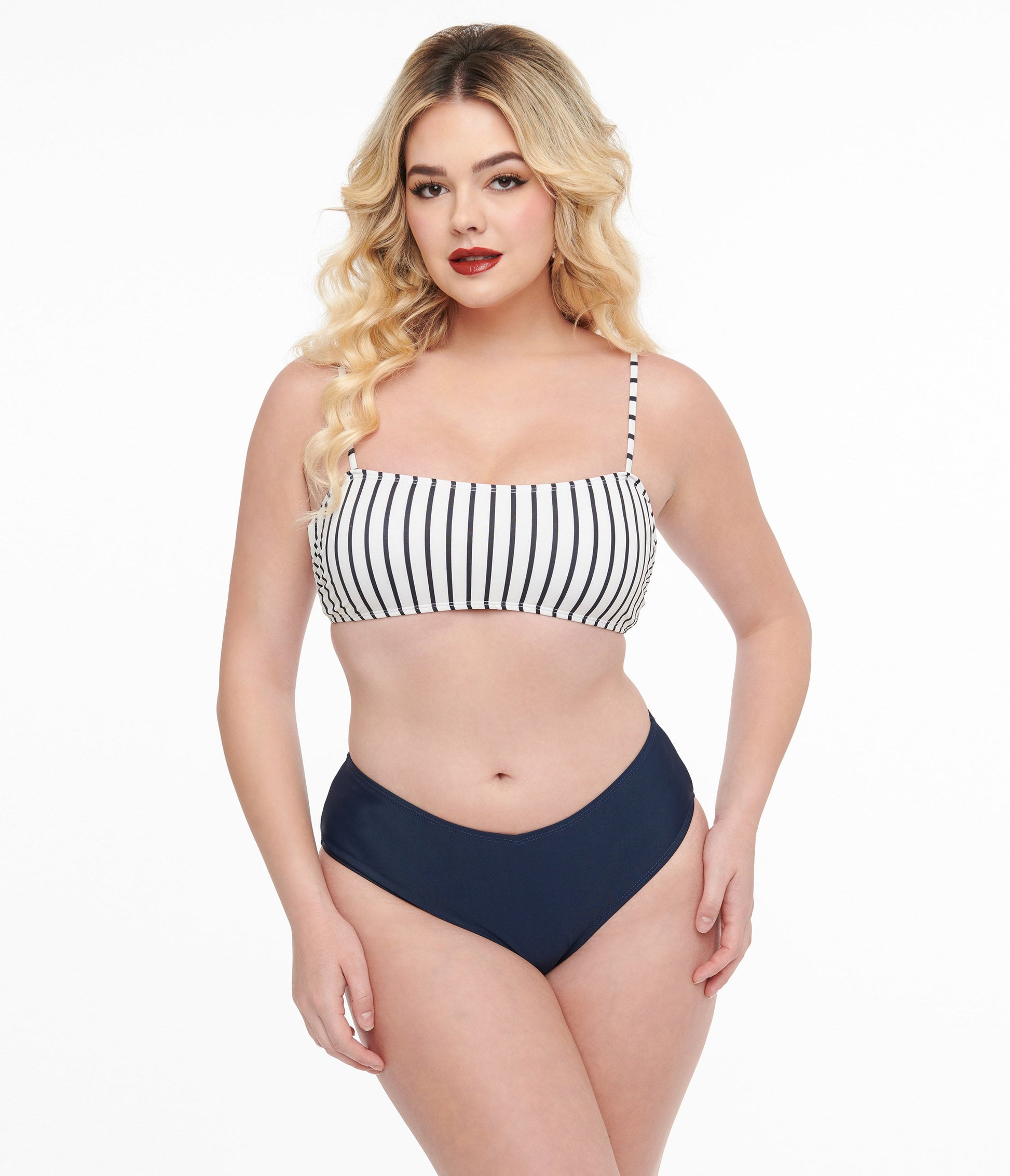 Navy & White Stripe Two Piece Swim Set - Unique Vintage - Womens, SWIM, 1 PC