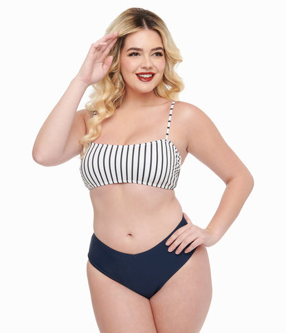 Navy & White Stripe Two Piece Swim Set - Unique Vintage - Womens, SWIM, 1 PC