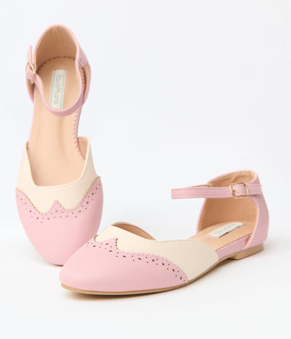 Pink & Cream Leatherette Saddle Mary Jane Flats - Unique Vintage - Womens, SHOES, FLATS