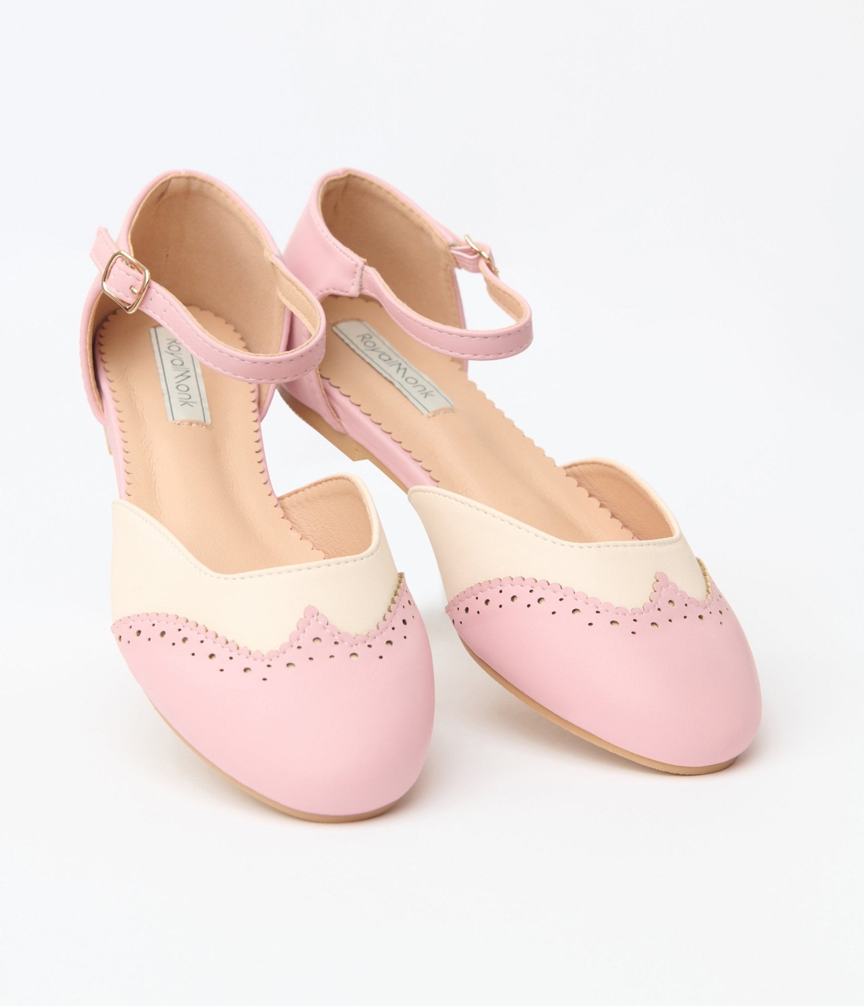 Pink & Cream Leatherette Saddle Mary Jane Flats - Unique Vintage - Womens, SHOES, FLATS