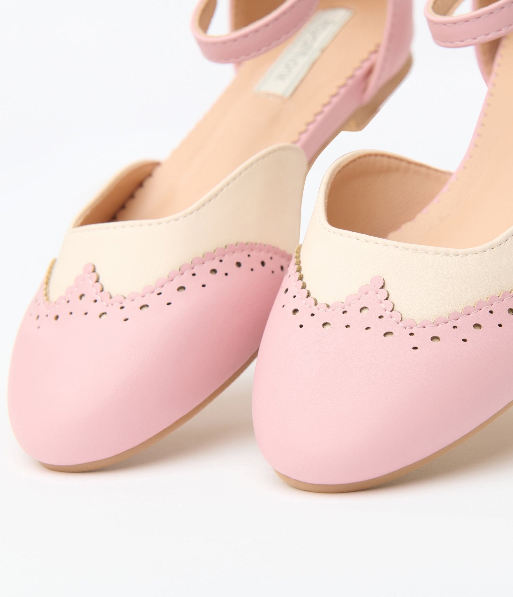 Pink & Cream Leatherette Saddle Mary Jane Flats - Unique Vintage - Womens, SHOES, FLATS