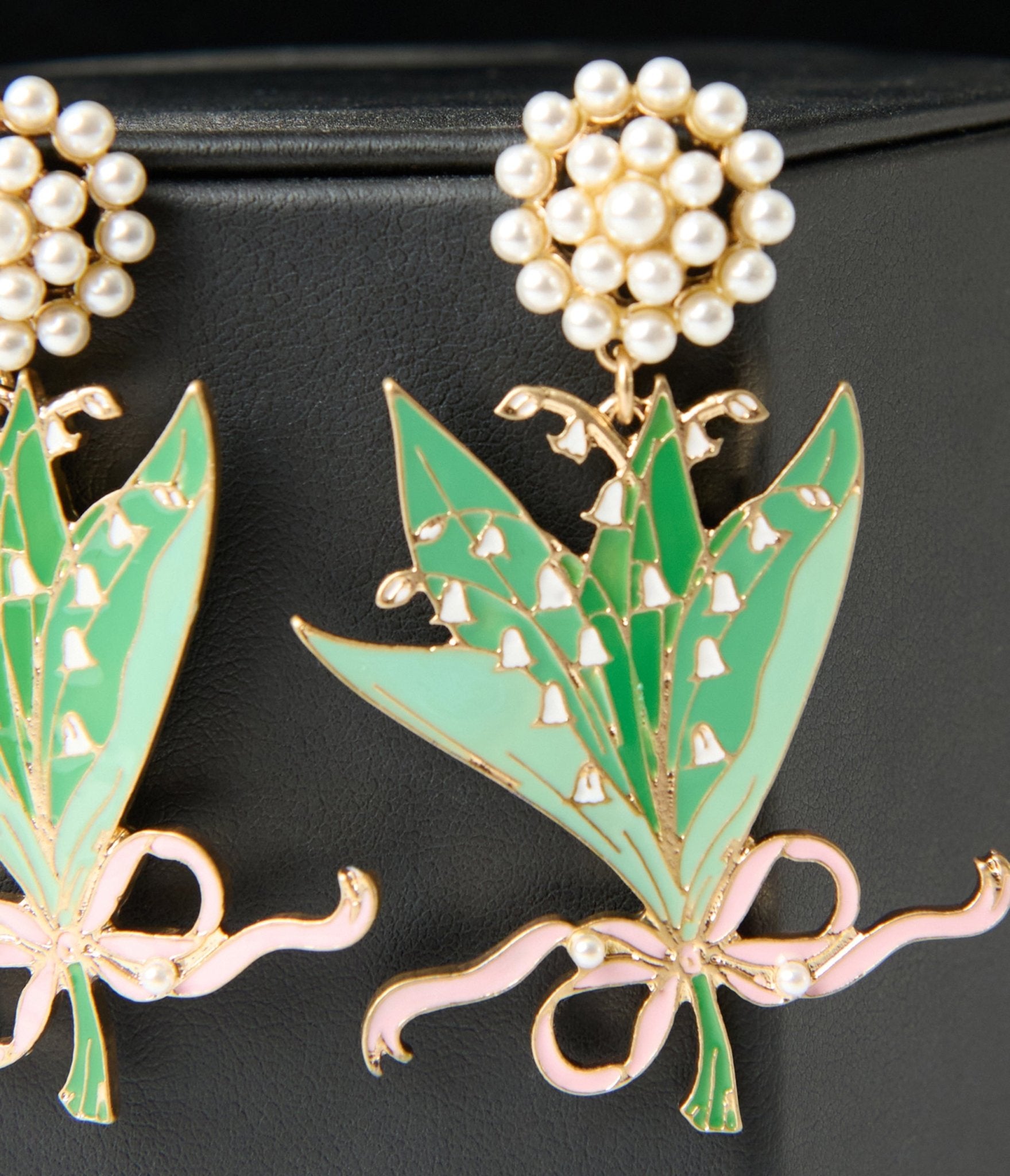 Pink & Green Lily of the Valley Enamel Bouquet Earrings - Unique Vintage - Womens, ACCESSORIES, JEWELRY