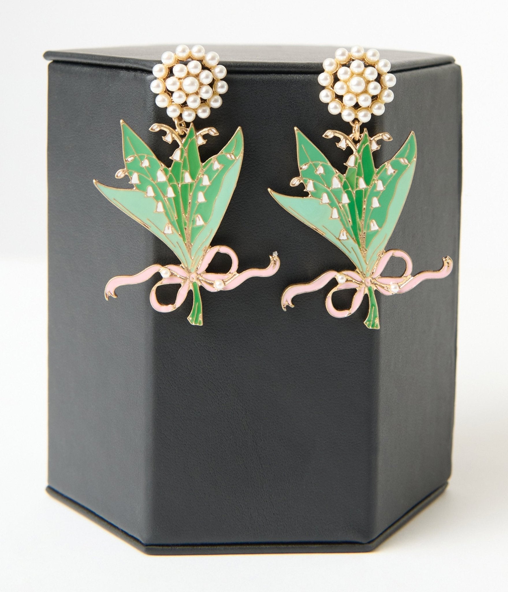 Pink & Green Lily of the Valley Enamel Bouquet Earrings - Unique Vintage - Womens, ACCESSORIES, JEWELRY