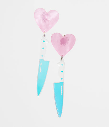 Pink Iridescent Heart Knives Drop Earrings - Unique Vintage - Womens, HALLOWEEN, ACCESSORIES