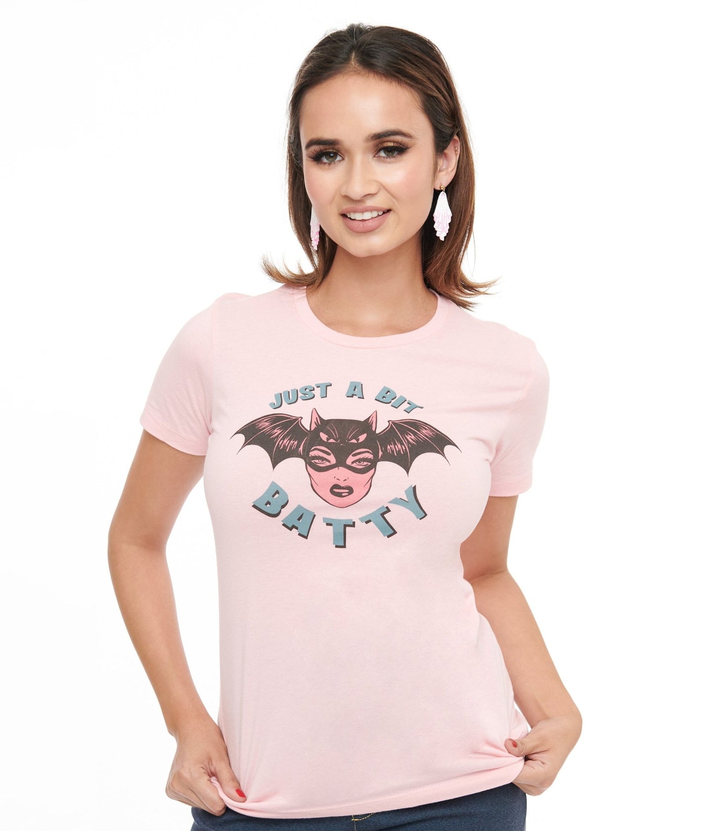 Pink Just A Bit Batty Fitted Graphic Tee - Unique Vintage - Womens, HALLOWEEN, GRAPHIC TEES