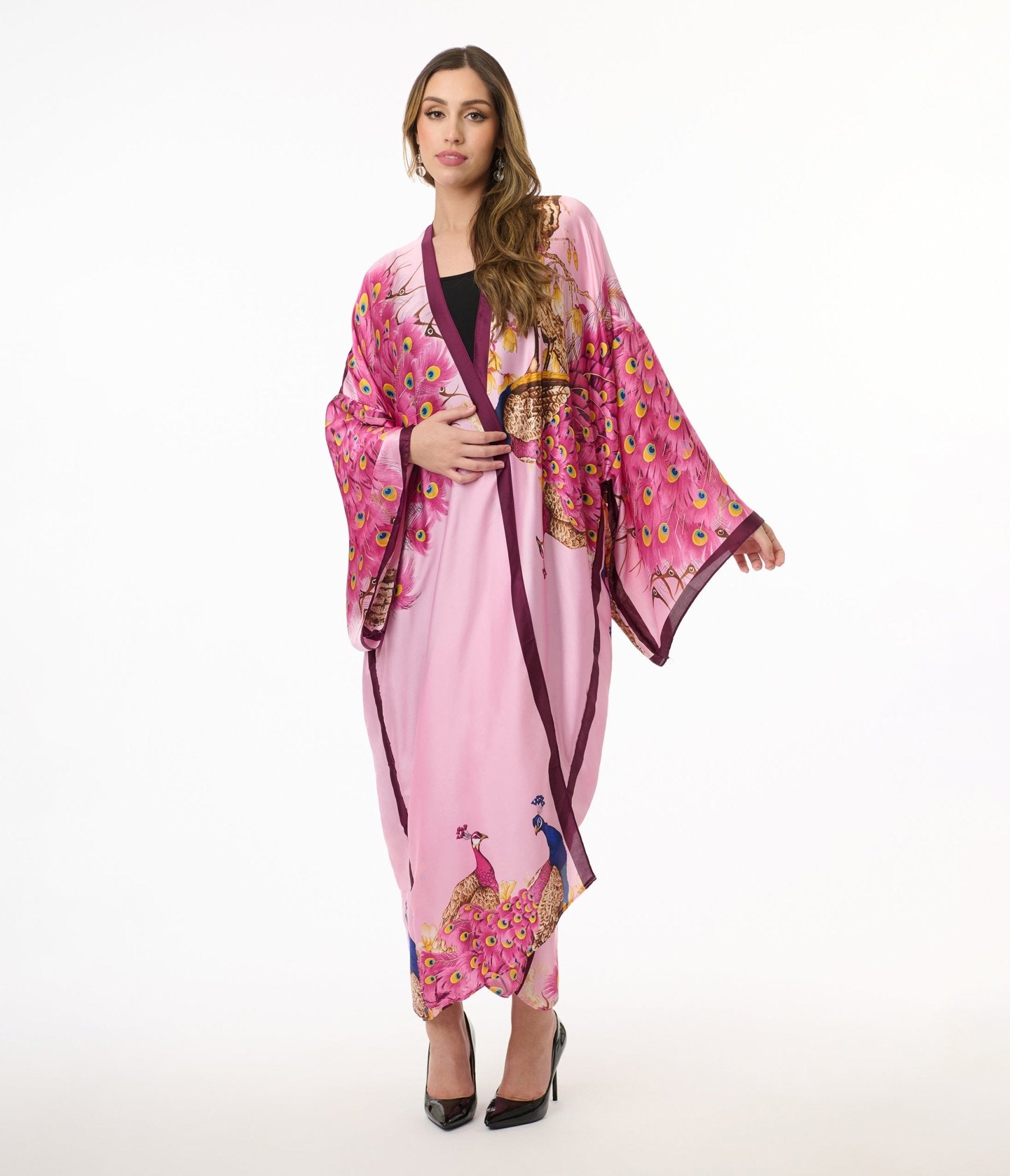 Pink Peacock Satin Kimono - Unique Vintage - Womens, TOPS, OUTERWEAR