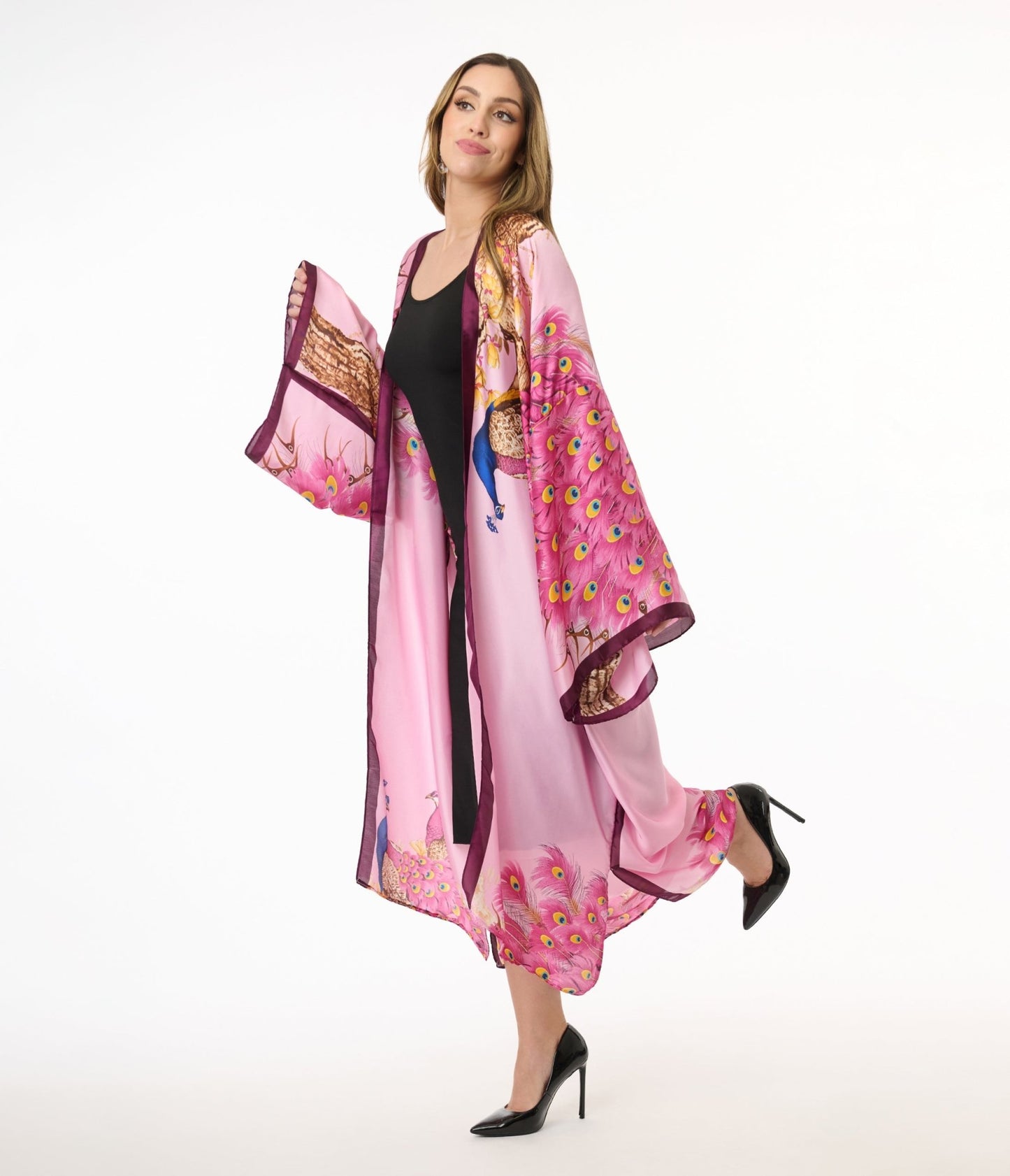 Pink Peacock Satin Kimono - Unique Vintage - Womens, TOPS, OUTERWEAR