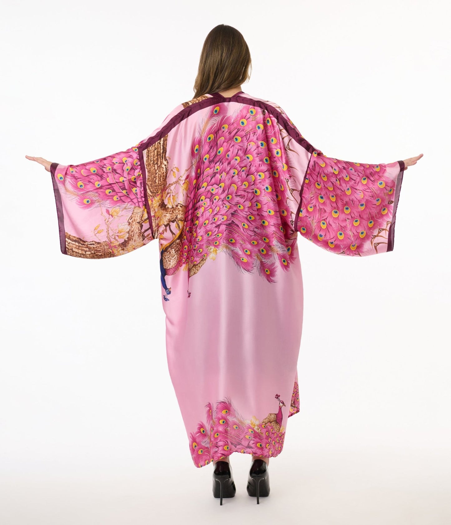 Pink Peacock Satin Kimono - Unique Vintage - Womens, TOPS, OUTERWEAR