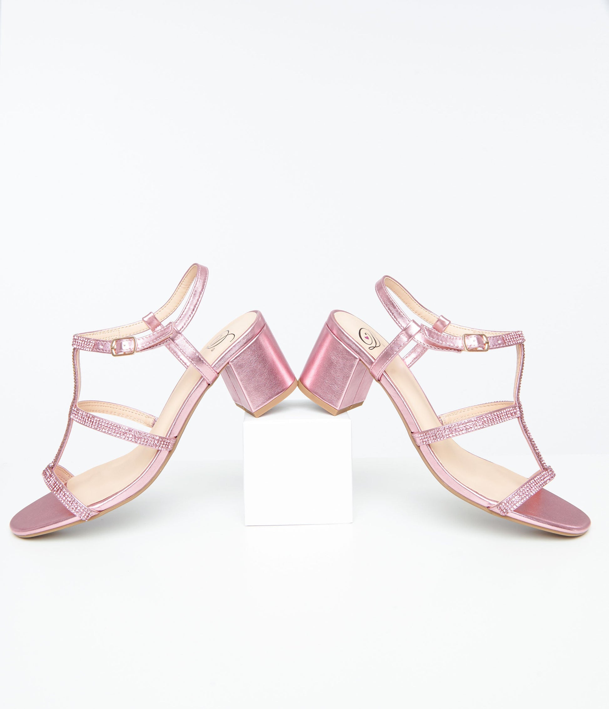 Pink Rhinestone Leatherette T-Strap Heels - Unique Vintage - Womens, SHOES, HEELS